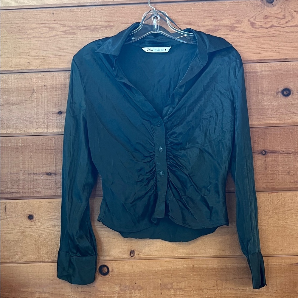 Zara green long sleeve satin blouse